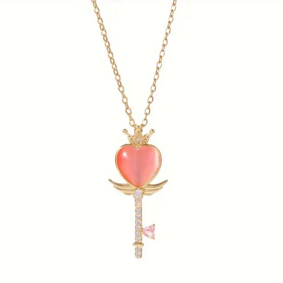 18K Gold Heart Key Pendant Necklace with Pink Cat Eye Stone & Rhinestones. - Picture 3 of 3